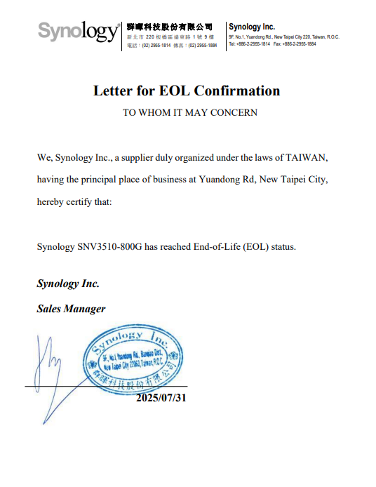 Discontinued Certificate SNV3510-800G