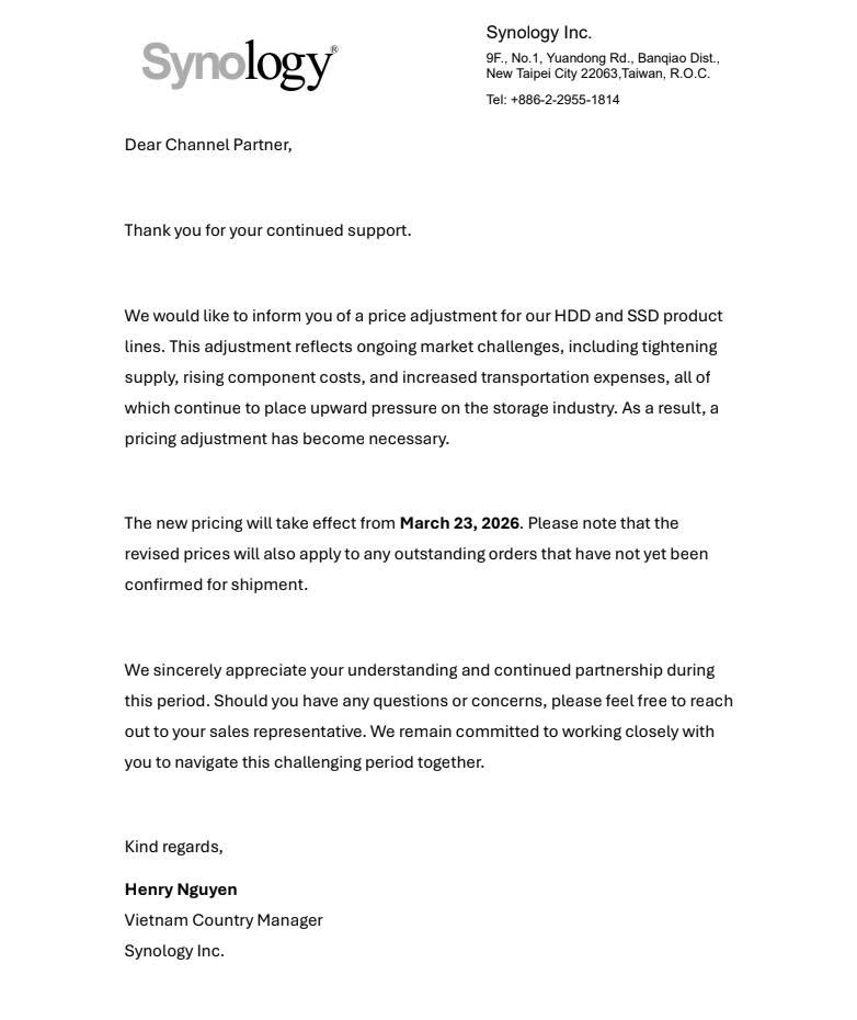 Synology thông báo điều chỉnh giá sản phẩm